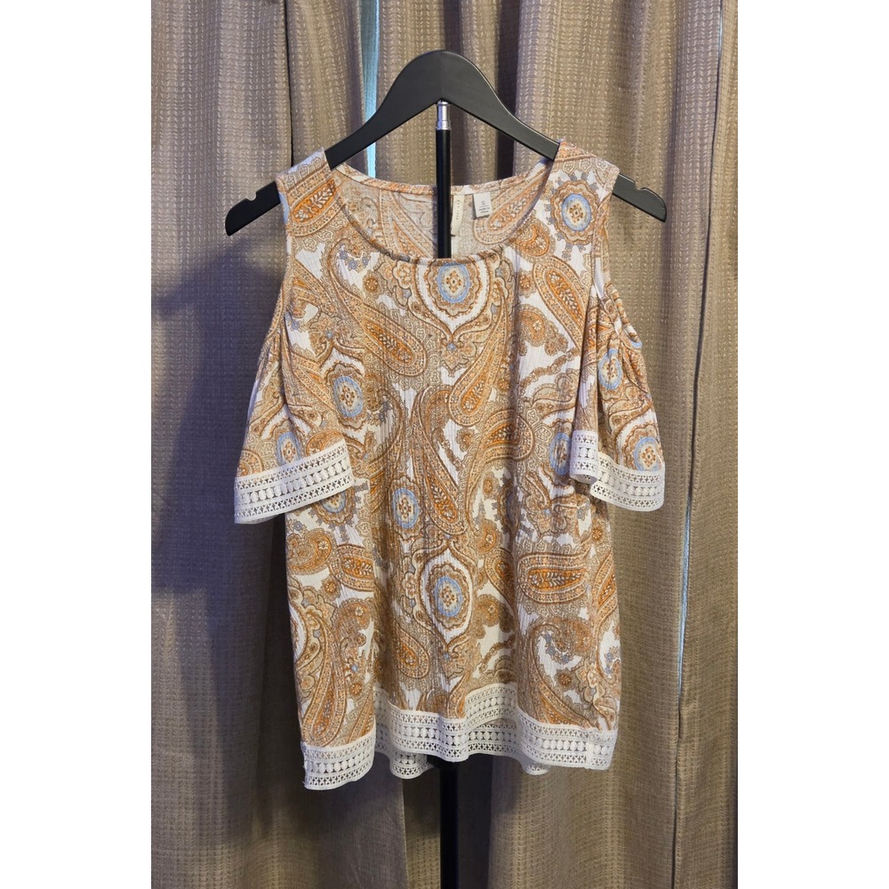 Cato Paisley Lace Hem Cold Shoulder Blouse Women's Size Small Multicolor